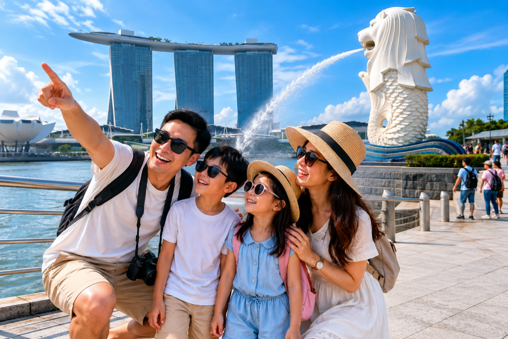 Keluarga Indonesia berfoto di Merlion Park Singapore.