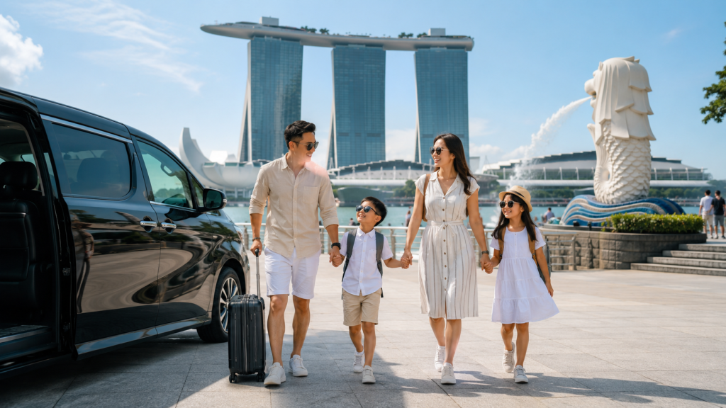 Keluarga Indonesia menikmati wisata Singapore menggunakan private transfer di Marina Bay.