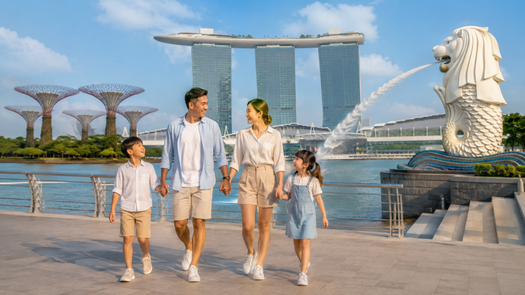 Keluarga Indonesia menikmati destinasi di Singapore tanpa banyak jalan kaki di kawasan Marina Bay.