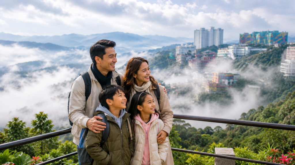 Keluarga Indonesia menikmati udara sejuk di Genting Highlands Malaysia dengan panorama pegunungan.