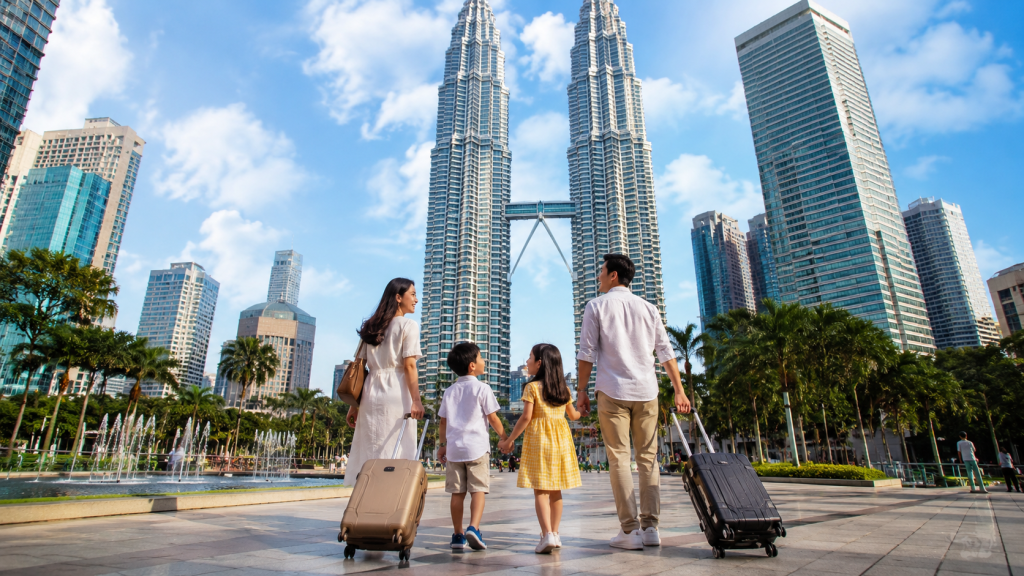 Keluarga Indonesia mengunjungi Petronas Twin Towers saat transit di Kuala Lumpur.