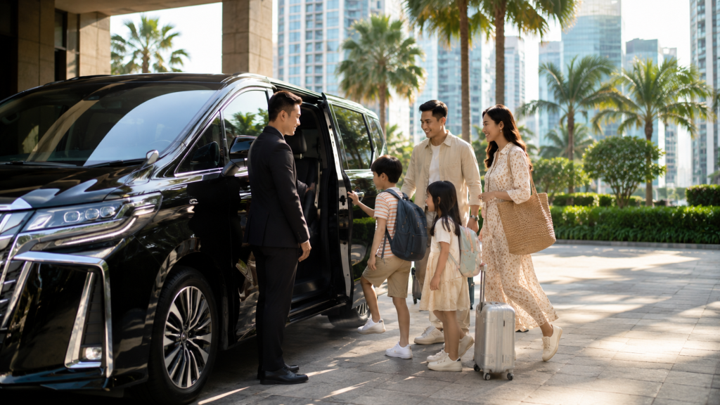 Keluarga Indonesia menikmati liburan nyaman sehabis belanja dengan private charter di Singapore
