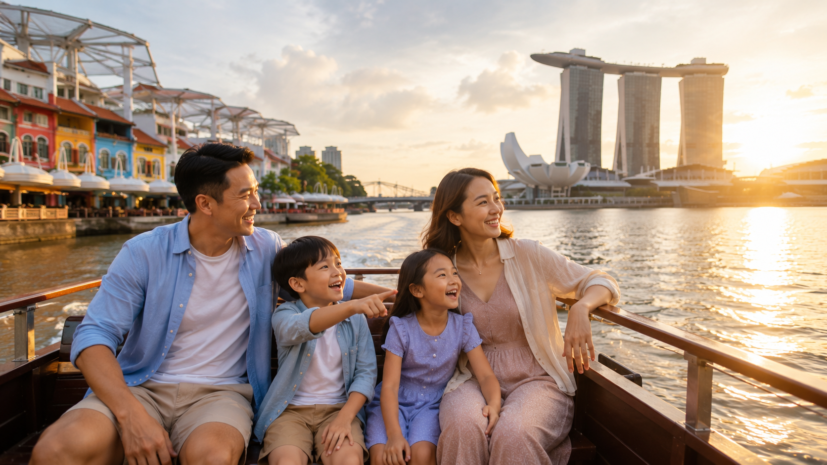 Keluarga Indonesia menikmati Singapore River Cruise dari Clarke Quay