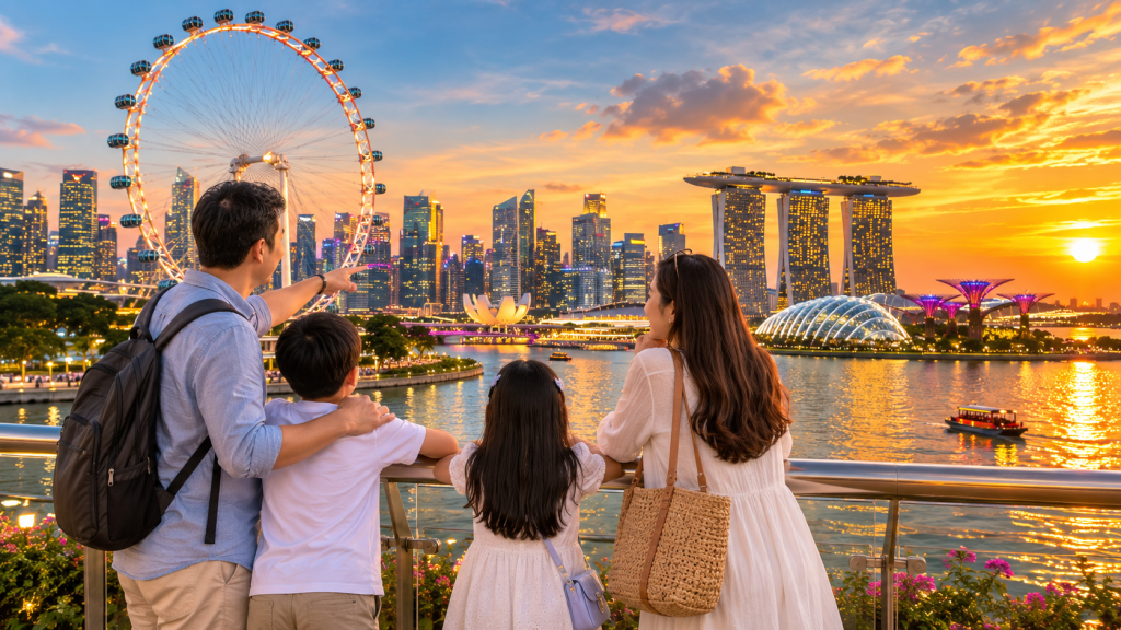 Singapore Flyer saat matahari terbenam di Marina Bay