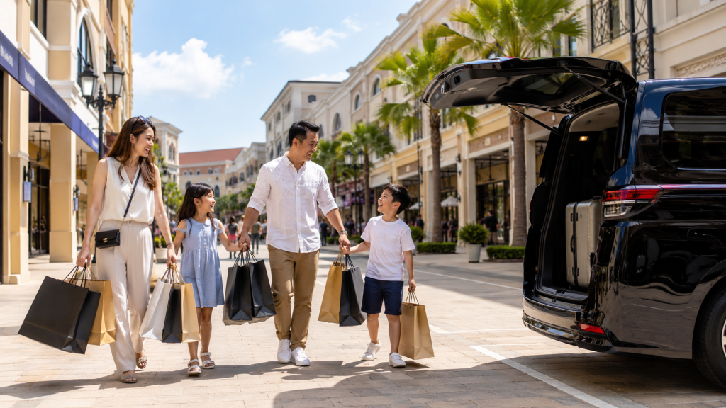 Keluarga Indonesia membawa banyak hasil belanja dari Johor Premium Outlets menuju kendaraan dengan bagasi luas