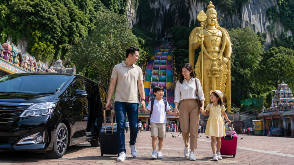 Keluarga Indonesia tiba di Batu Caves Kuala Lumpur menggunakan private charter.