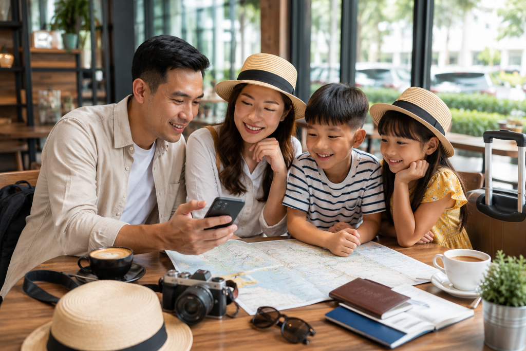 Keluarga Indonesia menyusun itinerary Johor Bahru.