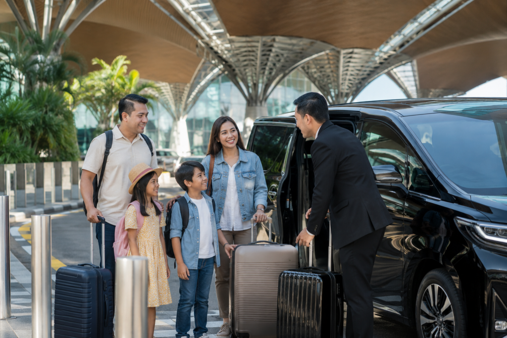Keluarga Indonesia menggunakan layanan KLIA Airport Transfer setibanya di Bandara Kuala Lumpur.