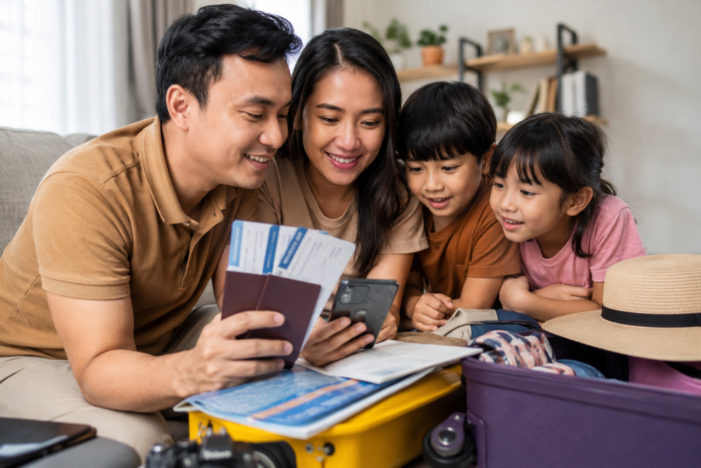 Keluarga Indonesia booking transportasi sebelum liburan.