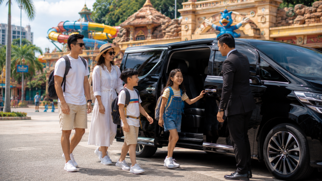 Keluarga Indonesia pulang dari Sunway Lagoon menggunakan private charter.