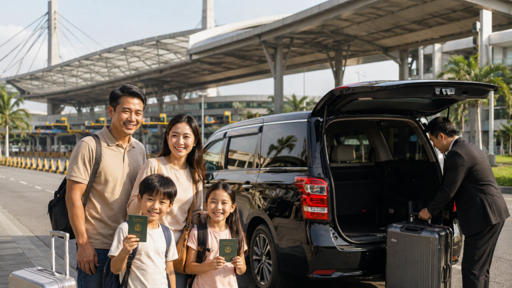 Keluarga Indonesia melakukan perjalanan cross border Singapore Malaysia menggunakan private transfer.