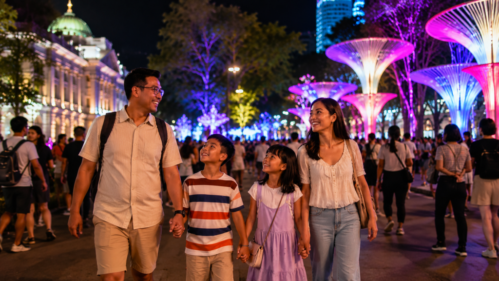 Keluarga Indonesia menikmati Singapore Night Festival bersama anak-anak