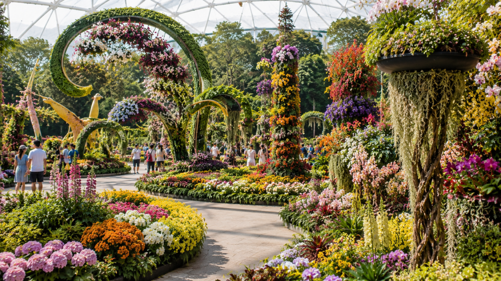 Panorama Singapore Garden Festival dengan instalasi bunga internasional.