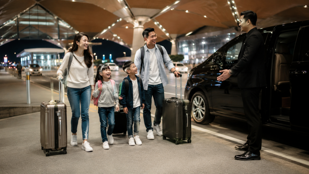Keluarga Indonesia tiba malam di Bandara KLIA menggunakan layanan airport transfer menuju hotel.