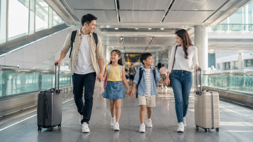 Keluarga Indonesia menuju imigrasi Singapore dengan nyaman saat memulai liburan.