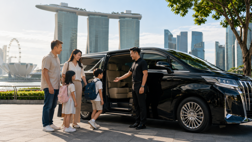 Keluarga Indonesia memulai city tour Singapore dengan mobil private charter yang nyaman.