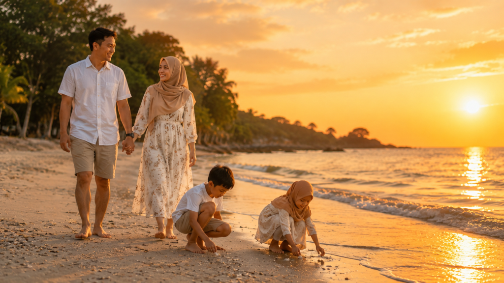 Keluarga menikmati golden hour di pantai Malaysia