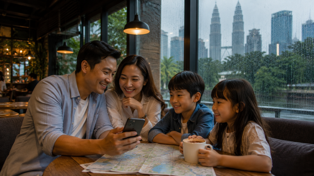 Keluarga Indonesia menyusun itinerary Kuala Lumpur saat musim hujan