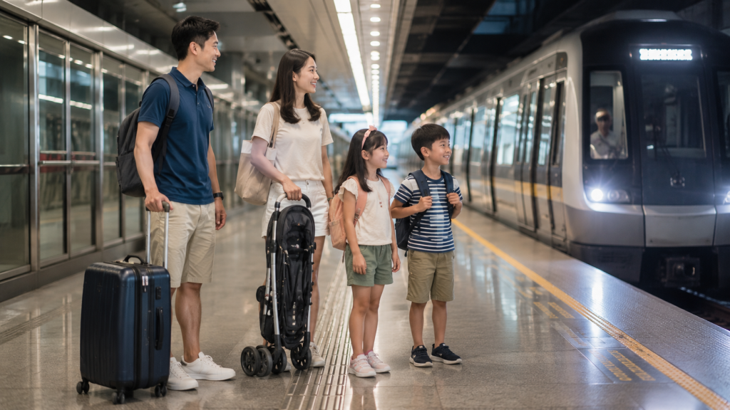 Keluarga Indonesia menunggu MRT Singapore sebelum memulai liburan.