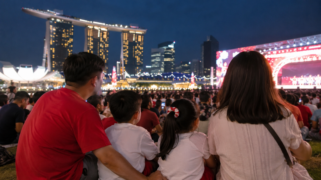 Suasana National Day Concert Singapore yang ramai dikunjungi keluarga.