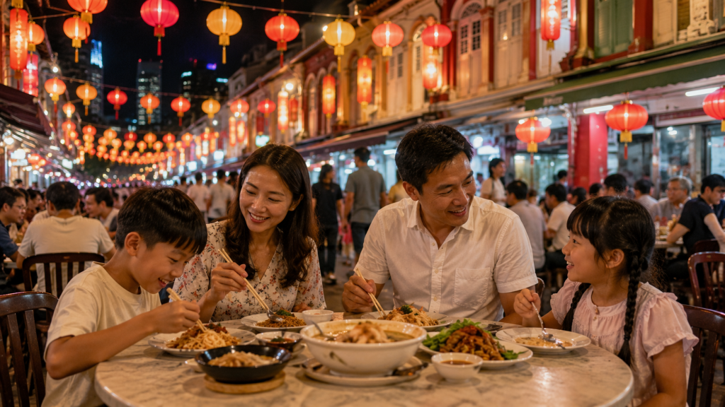 Keluarga Indonesia makan malam di Chinatown sebelum menonton Getai Show.