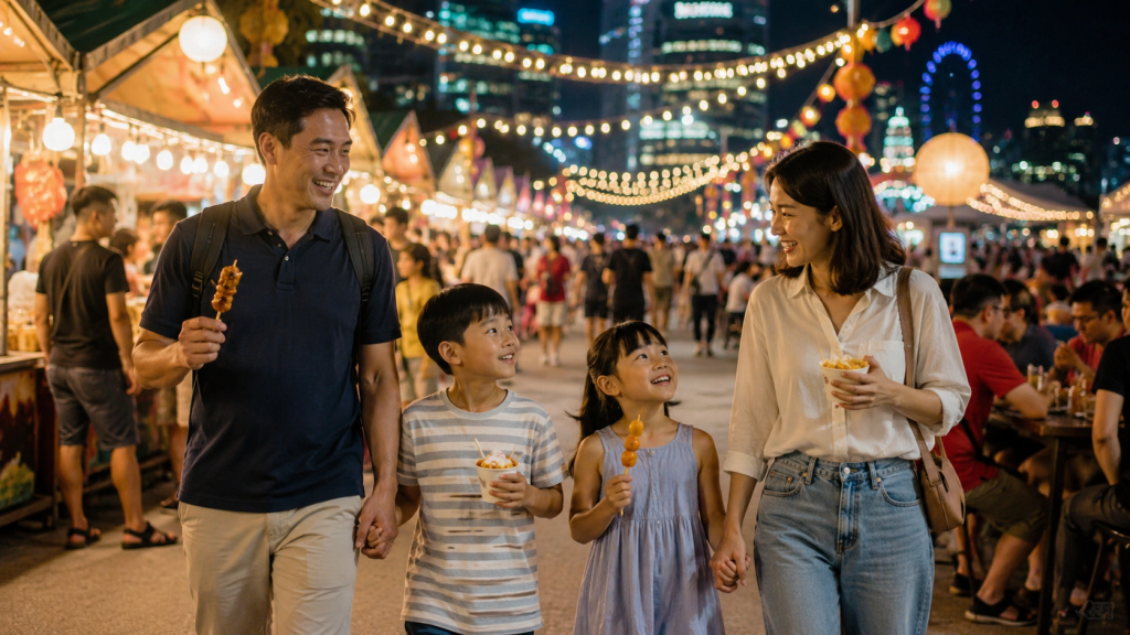 Keluarga Indonesia menikmati Street Eats Under The Stars Singapore 2026 di festival kuliner malam dengan berbagai stan makanan.