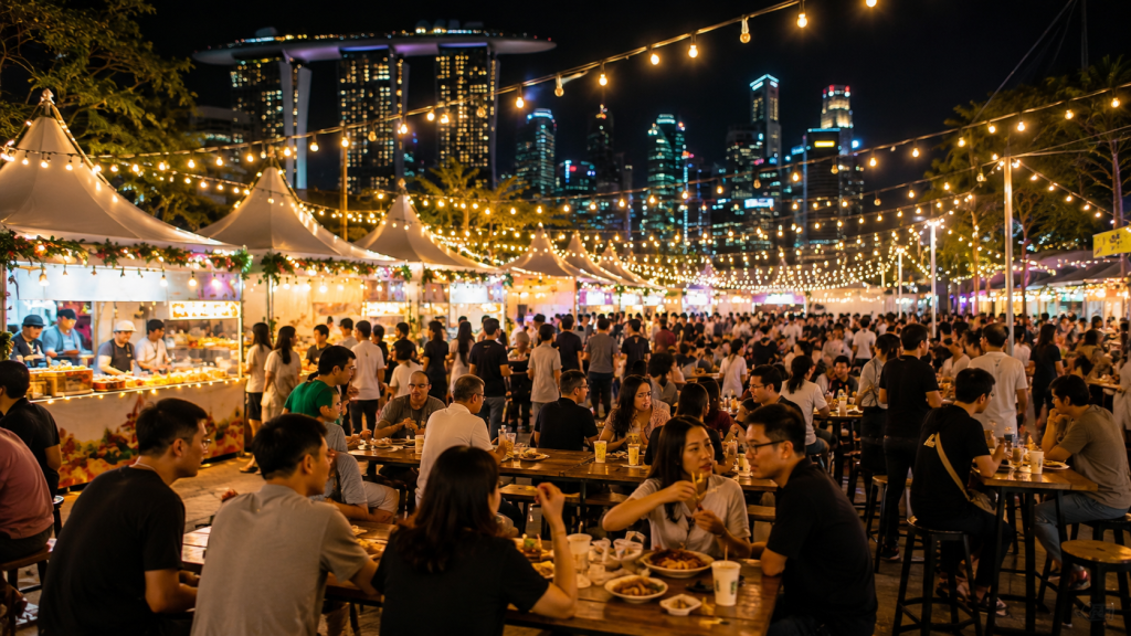 Suasana Street Eats Under The Stars Singapore dengan stan kuliner dan pengunjung menikmati festival malam.