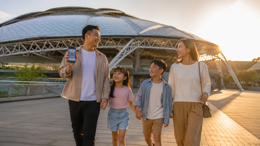 Keluarga Indonesia tiba lebih awal di Singapore National Stadium sebelum konser untuk menghindari kemacetan dan antrean panjang.