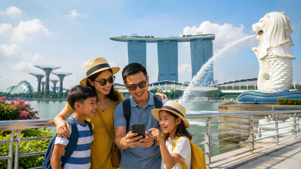 Keluarga Indonesia menikmati pemandangan Marina Bay sambil mengenal fakta menarik tentang Singapore.