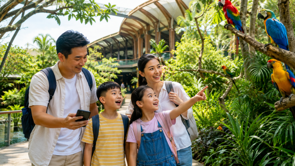 Keluarga Indonesia menikmati liburan di Bird Paradise Singapore bersama anak-anak.