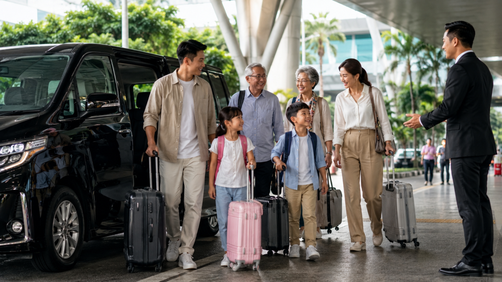 Transportasi rombongan di Singapore menggunakan private charter untuk keluarga Indonesia di Changi Airport