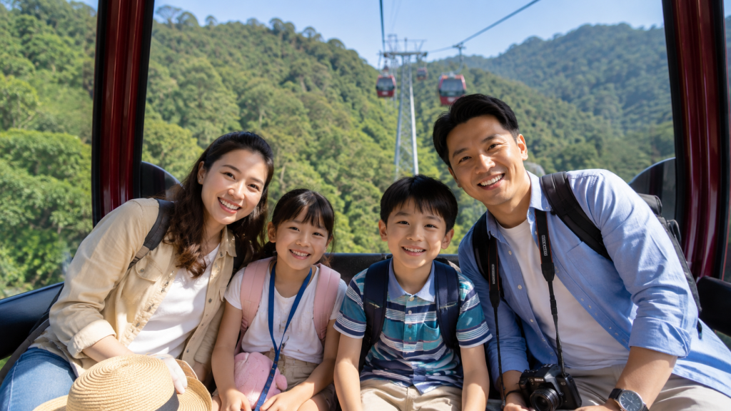 Keluarga Indonesia menikmati perjalanan pertama menggunakan Genting Skyway menuju Genting Highlands.