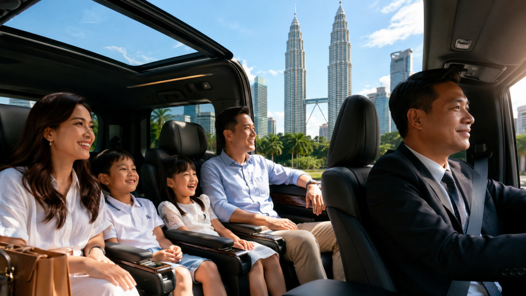 Keluarga Indonesia menikmati perjalanan keliling Kuala Lumpur menggunakan mobil private charter dengan sopir.