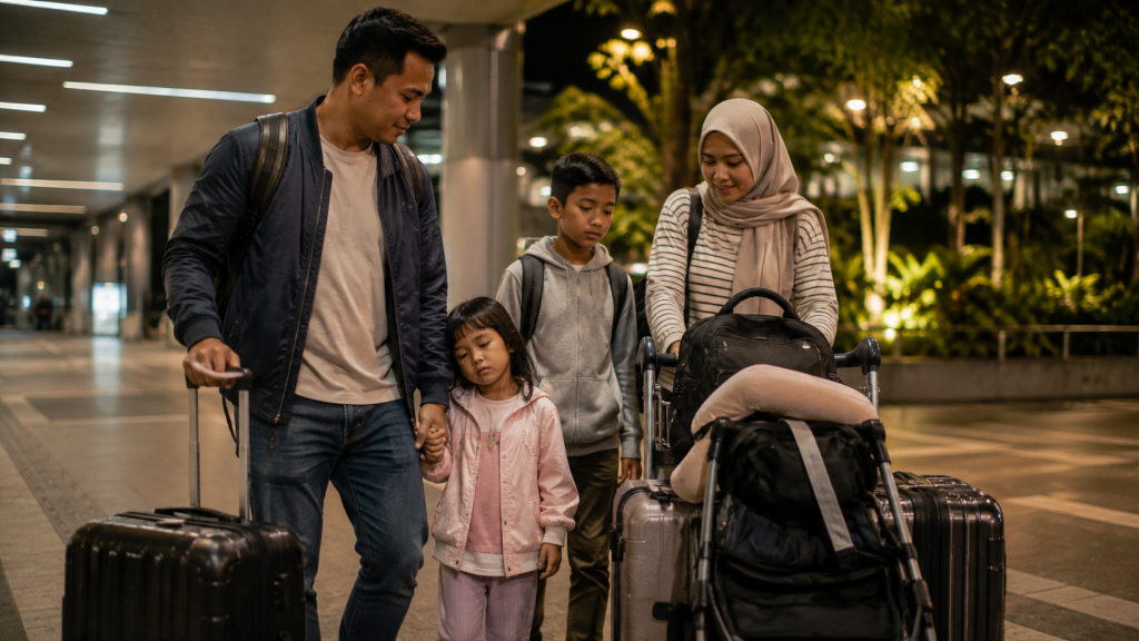 Tiba malam di Changi Airport Singapore bersama anak