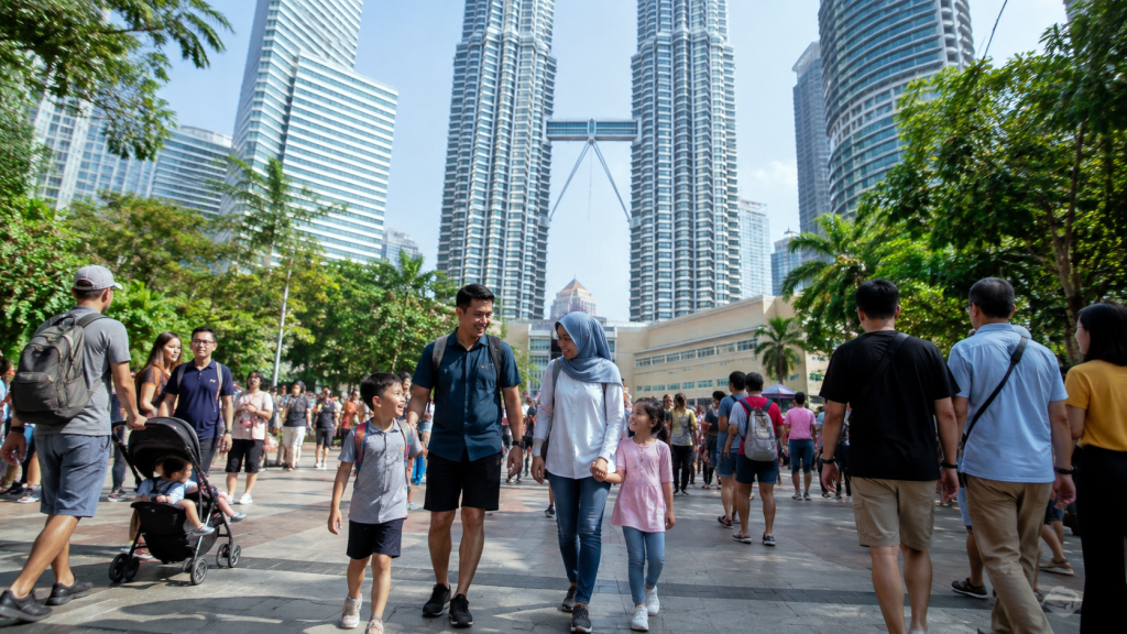 Keluarga Indonesia menikmati liburan santai di Kuala Lumpur dengan latar Petronas Twin Towers