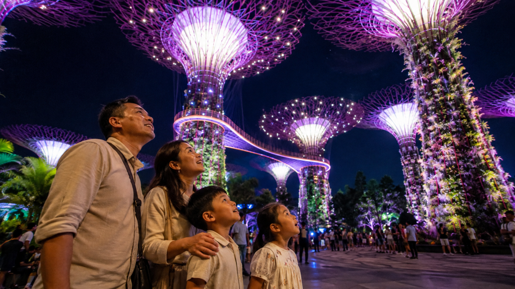 Keluarga menikmati Singapore Night Festival 2026 di Bras Basah Bugis