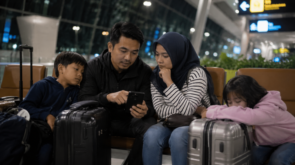 keluarga memilih hotel atau menunggu di terminal saat transit malam