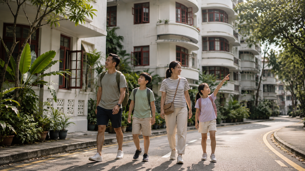 Keluarga Indonesia berjalan santai di kawasan Tiong Bahru Singapore