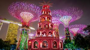 Gardens by the Bay Supertree Grove at night with Christmas Wonderland lights