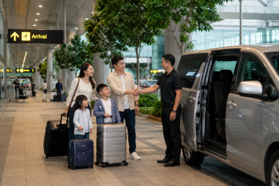 Keluarga Indonesia tiba di Changi Airport dan menuju hotel di Singapore