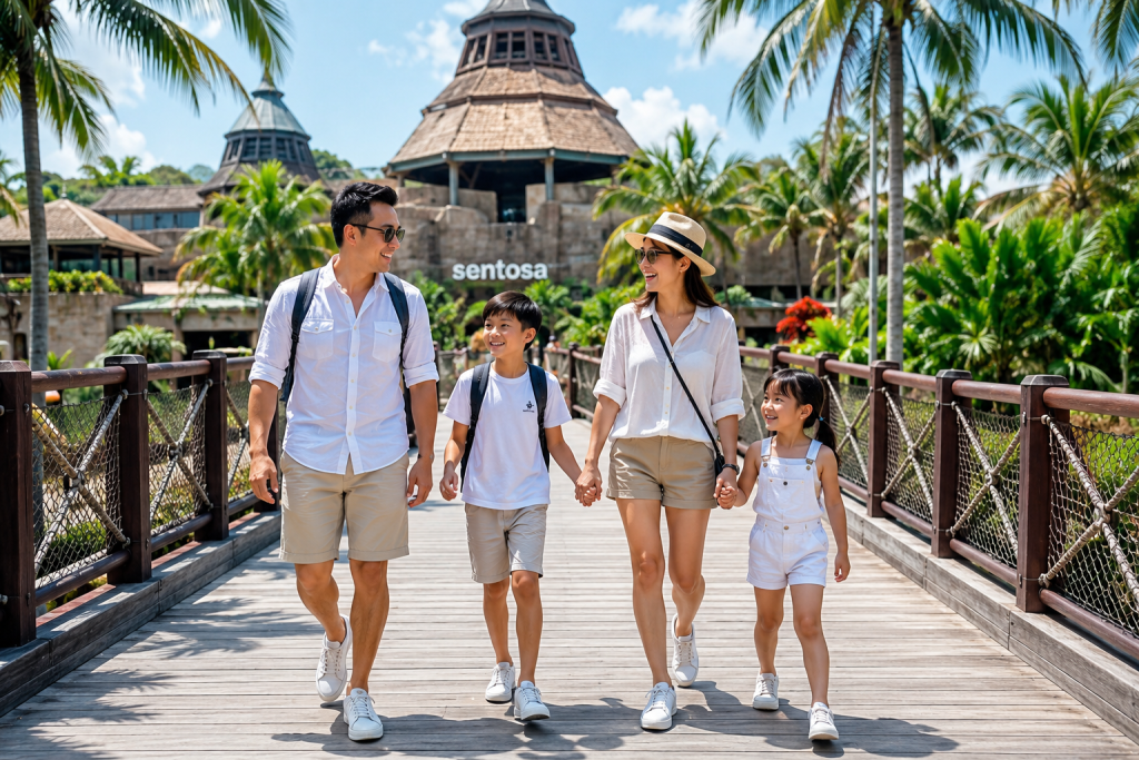 Keluarga Indonesia berjalan santai di Sentosa Island Singapore
