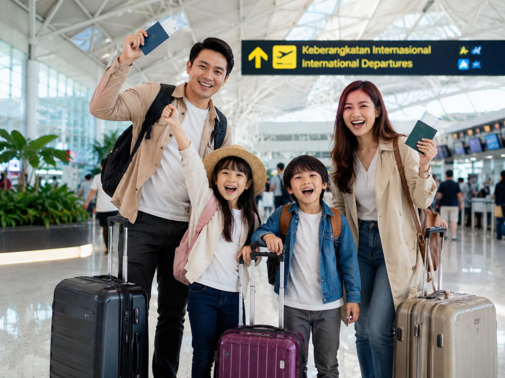 Keluarga Indonesia berangkat ke Singapore dari bandara
