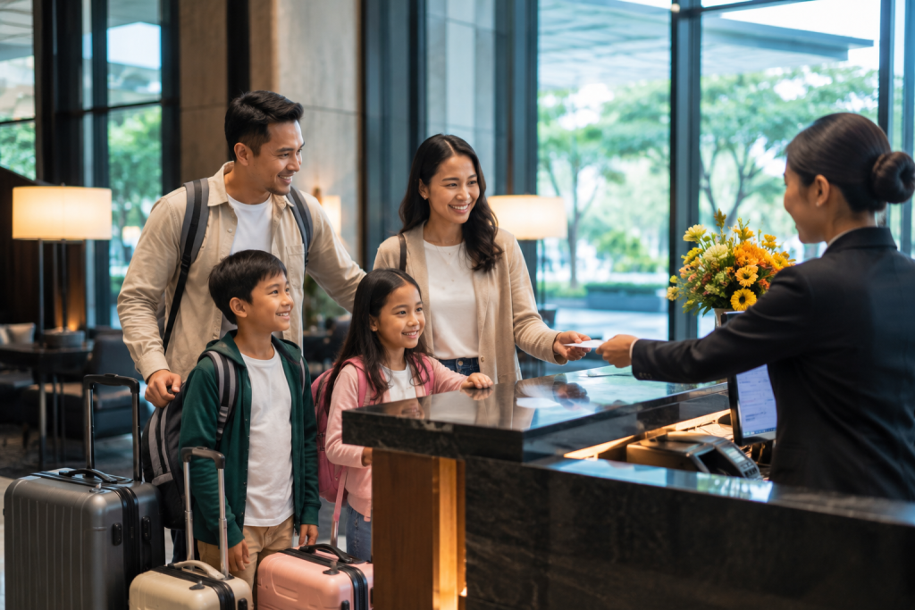 Keluarga Indonesia check in hotel dekat Changi Airport Singapore