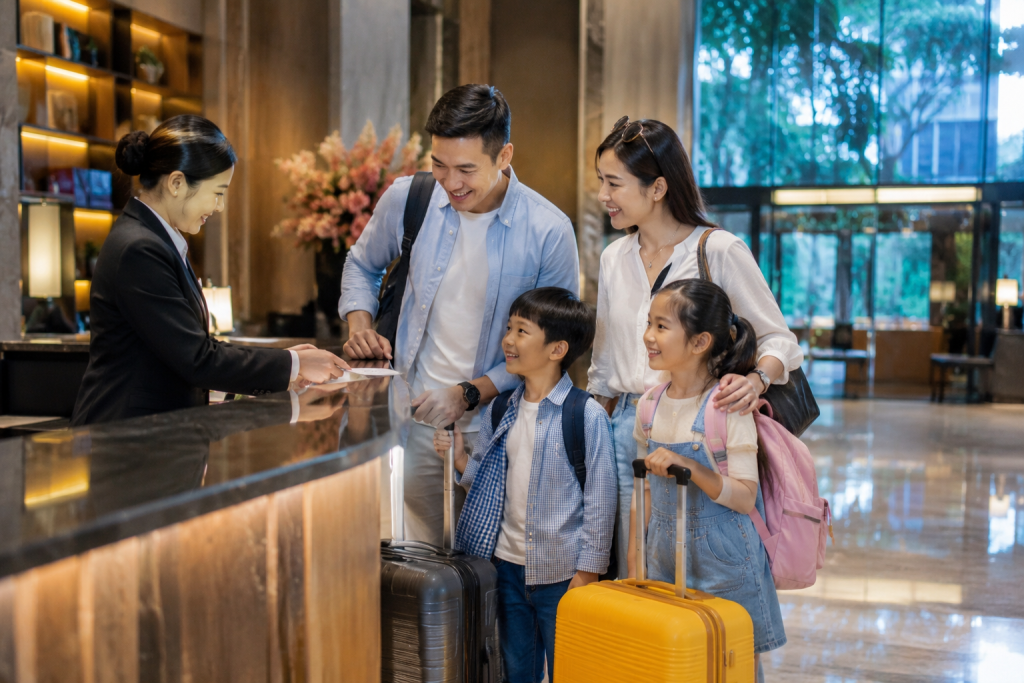 Keluarga Indonesia check in hotel untuk Staycation & City Tour Singapore