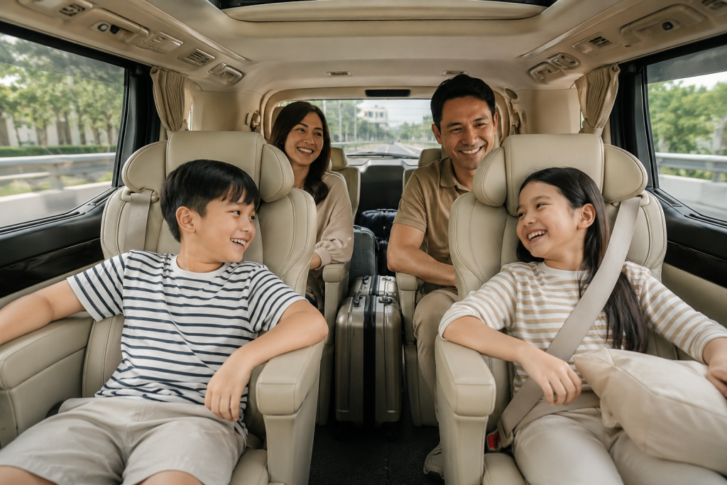 Keluarga Indonesia menikmati airport transfer Singapore yang nyaman