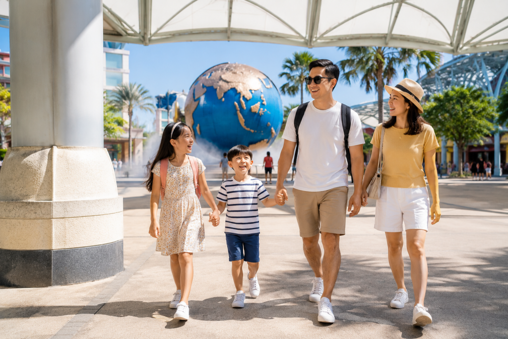 Keluarga datang pagi saat Liburan Sekolah ke Universal Studios Singapore untuk menghindari antrean.