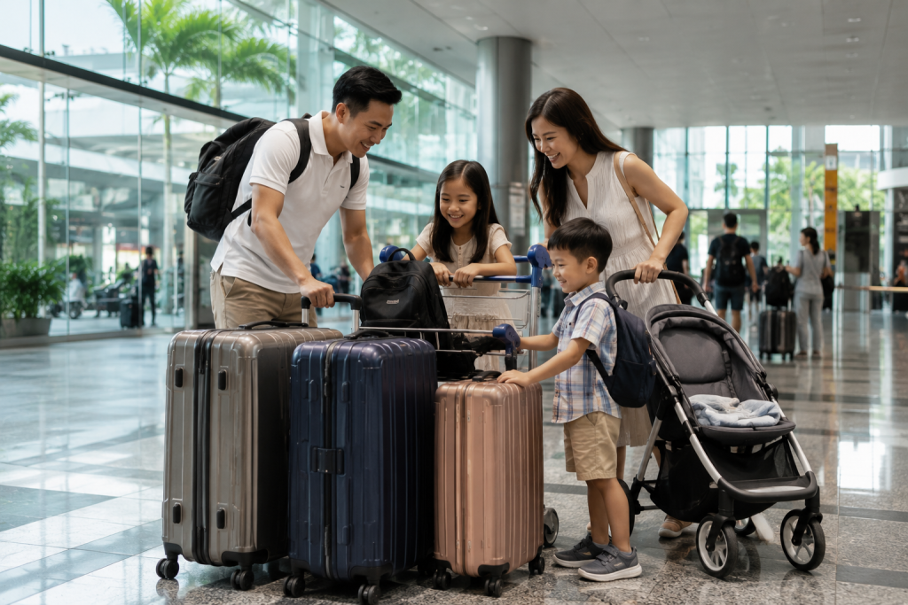 Keluarga Indonesia membawa koper dan stroller di Changi Airport Singapore.