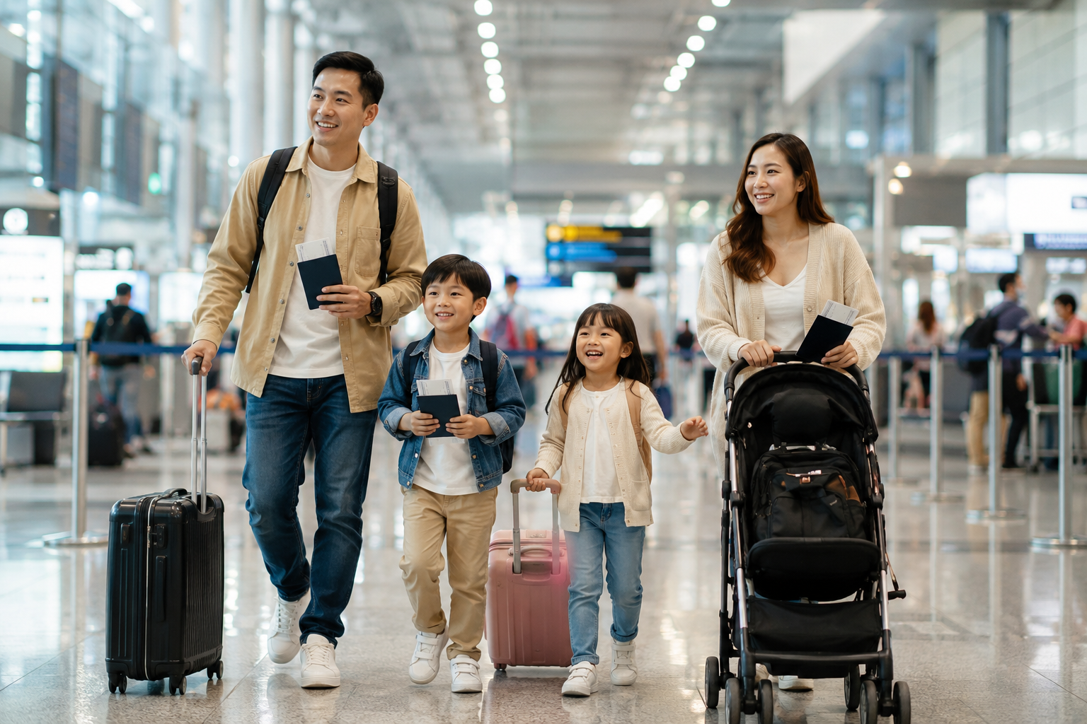 Keluarga Indonesia tiba di Changi Airport Singapore dengan dokumen perjalanan lengkap.