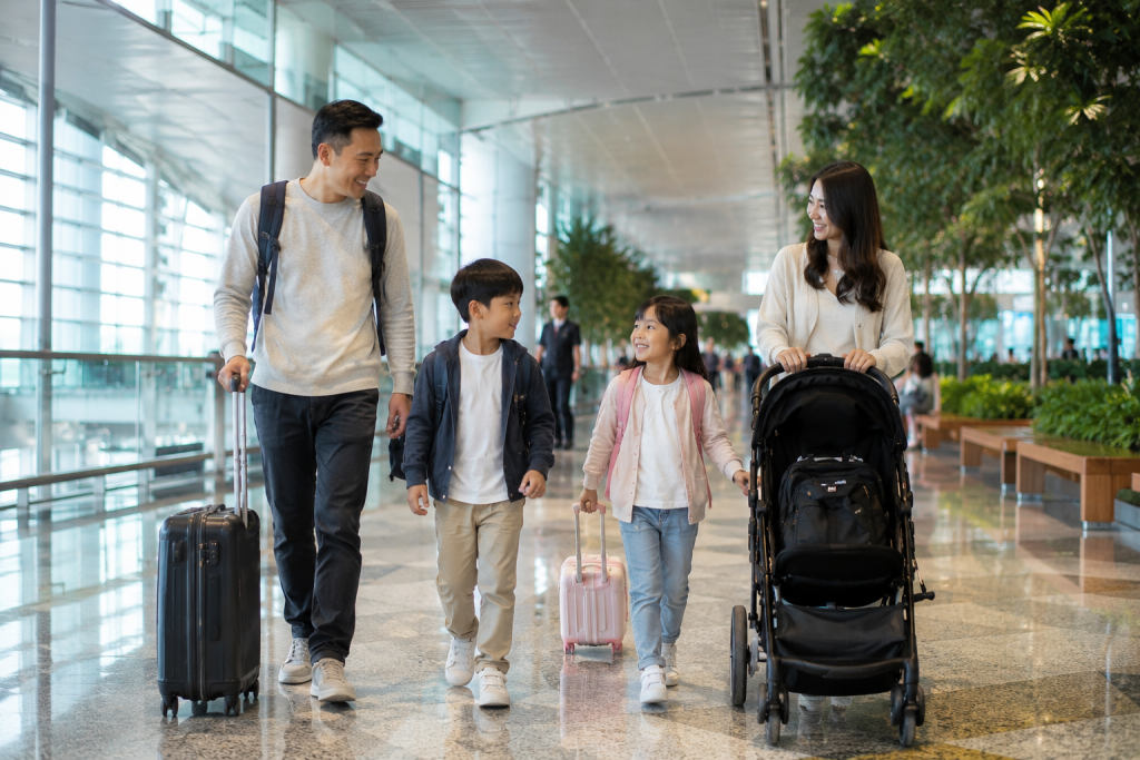 Keluarga Indonesia membawa anak saat tiba di Singapore.