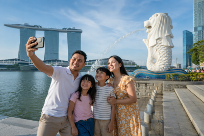 Spot foto bagus di Singapore di Merlion Park untuk keluarga Indonesia.